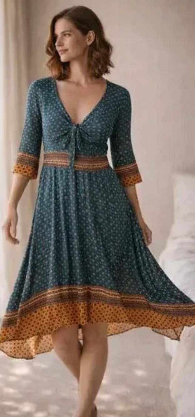 Maeve by Anthropologie Blue Geometric Pattern Boho Tie-Front Midi Dress